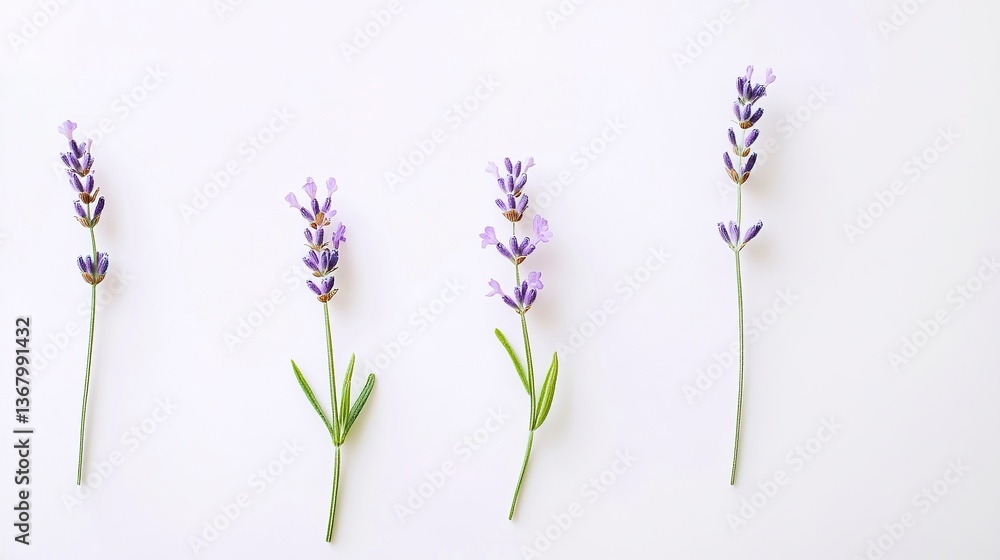 Obraz premium Serene lavender sprigs arranged against a soft white background, a minimalist botanical study evoking calmness and tranquility.