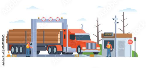 Weigh Station with Logging Truck and Officer Inspection. Flat Vector Illustration. Weighing control platform