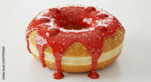 A donat with strawberry cream sauce in the top with clear white background