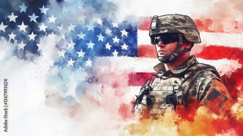 Watercolor-stylized illustration of a U.S. Army soldier soft paint strokes blending into an abstract American flag background artistic and emotional