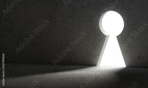 Light from Keyhole door. dark wall, business concept