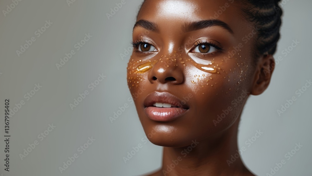 Skincare routine featuring a close-up of a woman's radiant face with beauty products applied on her skin Skincare routine featuring a close-up of a woman's radiant face with beauty products applied on her skin