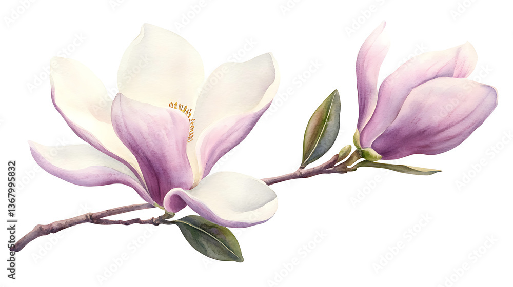 Fototapeta premium A painting of two white flowers on a branch