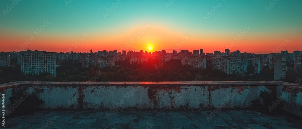 Fototapeta premium Cityscape Sunset: A Panoramic View from an Abandoned Rooftop