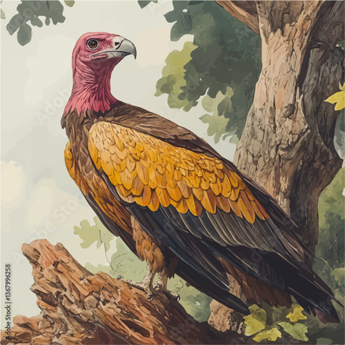 A watercolor of a vulture, isolated on a white background. Vulture vector.

