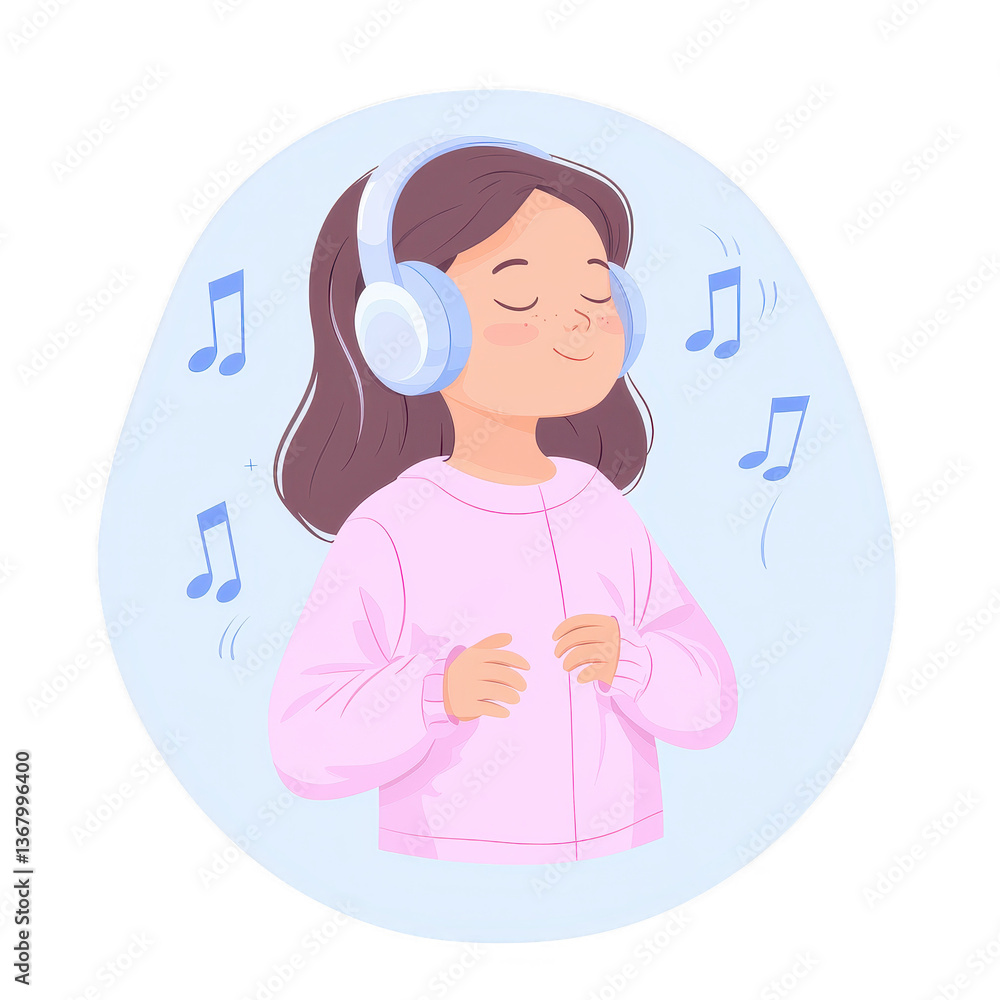 Obraz premium A happy girl with long hair wearing headphones, enjoying music with closed eyes. Musical notes float around her, conveying a sense of joy and relaxation.