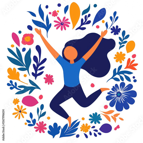 A joyful person celebrates surrounded by a vibrant floral wreath, embodying happiness and positivity in an artistic illustration.