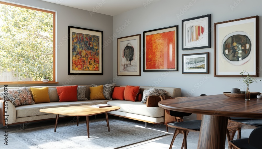 Fototapeta premium Modern Living Room Interior Design with Colorful Artwork and Comfortable Sectional Sofa