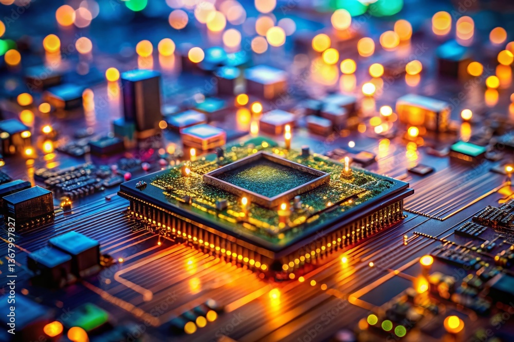 Obraz premium Romanian Tech: Close-up of an FPGA Chip, Double Exposure with Timisoara Cityscape, May 2020