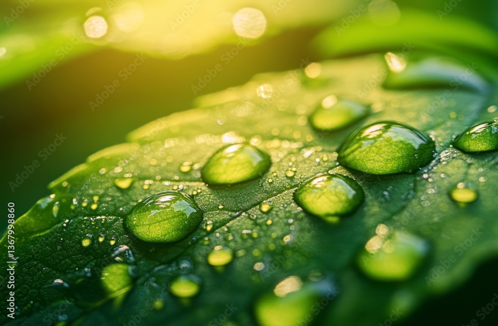 Fototapeta premium Leaf with Water Droplets Sparkling in Sunlight Freshness and Natural Beauty