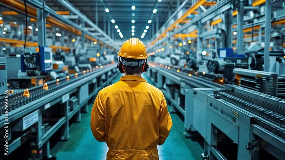 Focused Vision in the Industrial Realm: A figure, donned in a protective helmet and attire, surveys the intricate network of machinery and assembly lines within a sprawling factory. Focused Vision in the Industrial Realm: A figure, donned in a protective helmet and attire, surveys the intricate network of machinery and assembly lines within a sprawling factory.