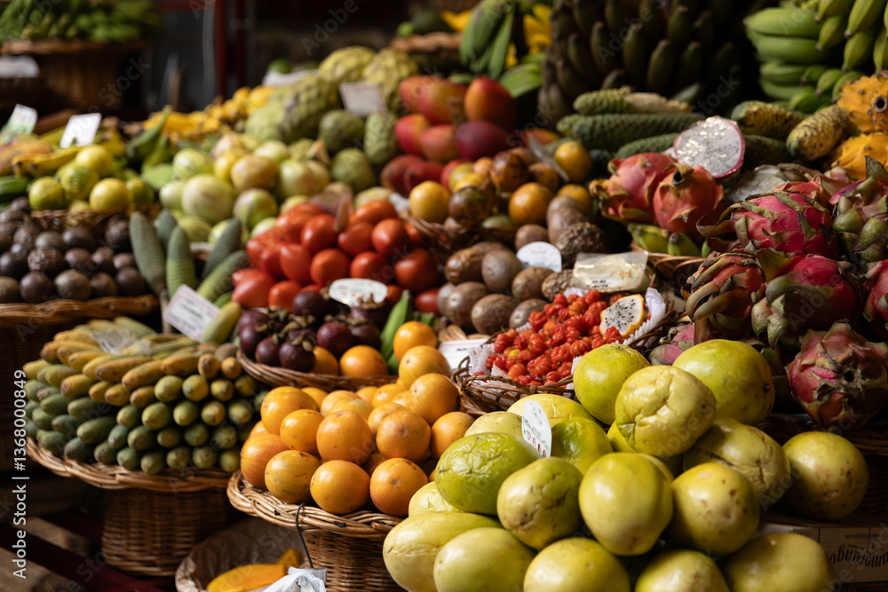 A fruit stall in a food market in Funchal Madeira - Mercado dos Lavradores A fruit stall in a food market in Funchal Madeira - Mercado dos Lavradores