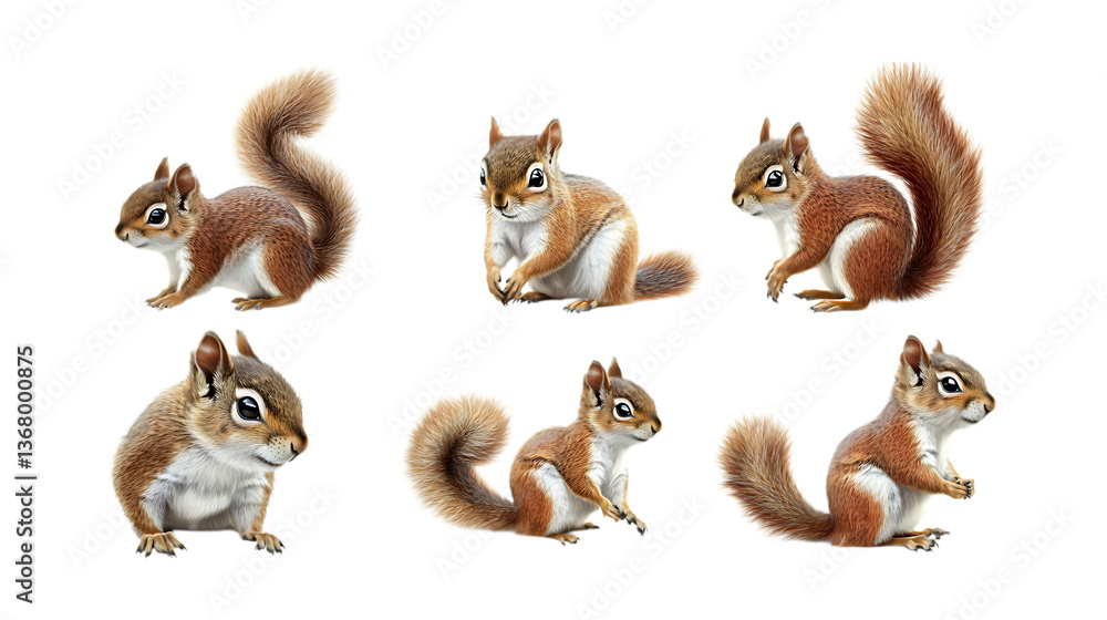 Naklejka premium Pack Sniffy Squirrel set in Different Poses Against Transparent Background for Forest Illustrations, Wildlife Art, or Cute Animal Designs