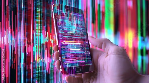 Hacker s hand holding a smartphone displaying an SMS scam notification with fake links while a distant blurred victim unknowingly clicks the malicious link