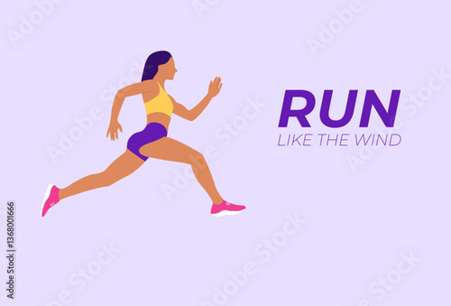 Vector template running woman design. Run like the wind slogan banner with running woman