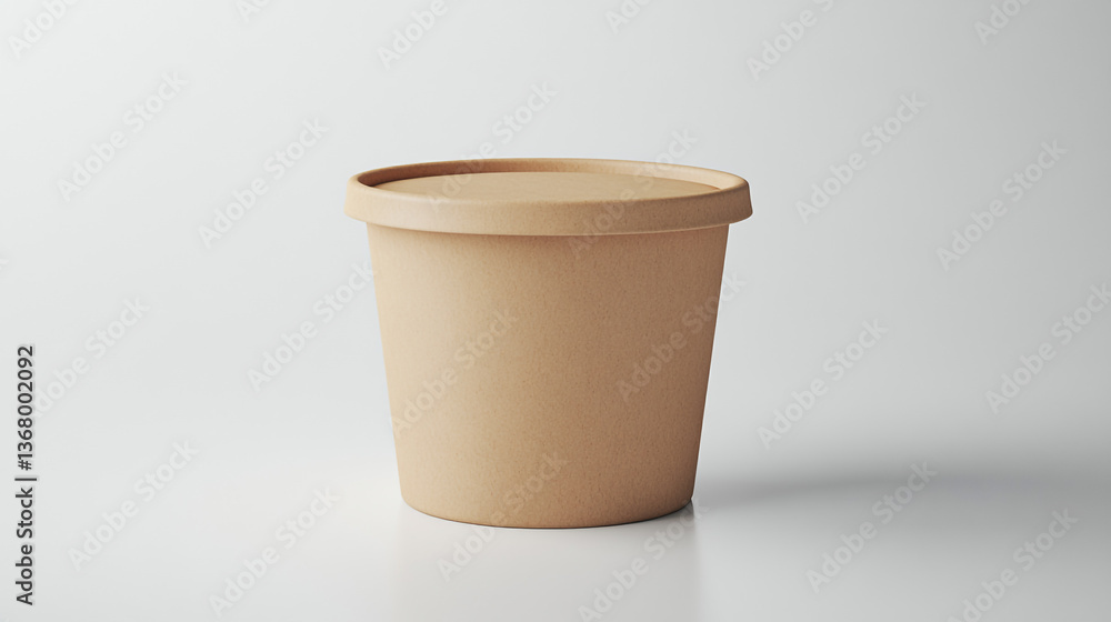 A tan container with a lid sitting on a white surface in a studio with soft lighting and shadows A tan container with a lid sitting on a white surface in a studio with soft lighting and shadows