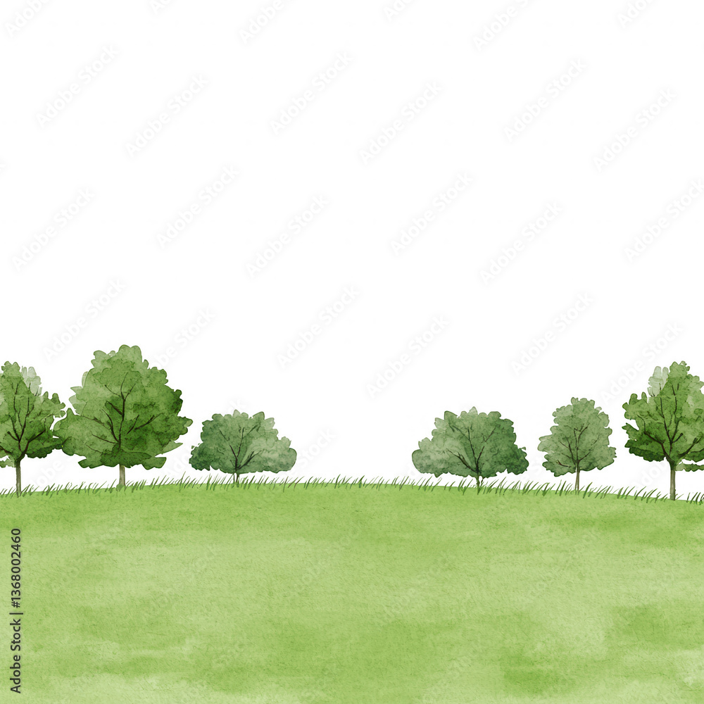 Fototapeta premium A serene landscape featuring a watercolor illustration of lush green trees against a soft grassy field, creating a tranquil and peaceful environment.