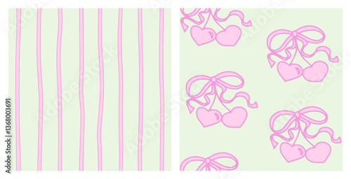 Coquette cherry with bows seamless pattern set. Hart-shaped berries with ribbons on pastel pink and green background. Romantic trendy hand-drawn vector illustration.
