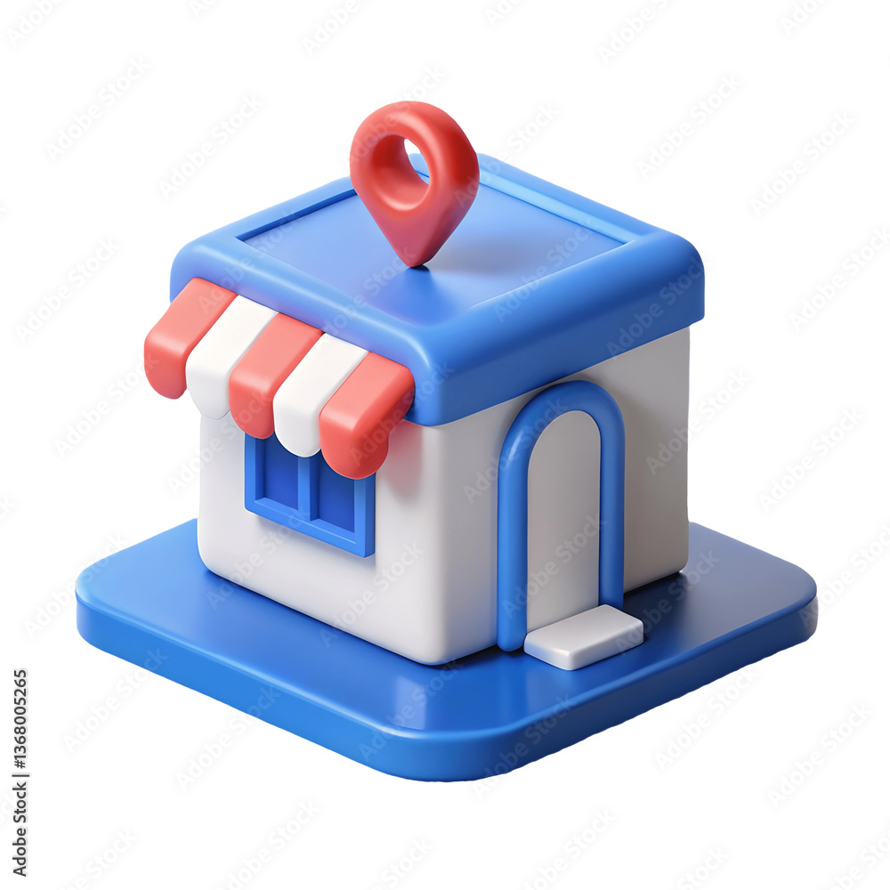 Cute 3D storefront with a red and white striped awning, blue roof, and location pin on top, perfect for local business illustrations. on a transparent background, PNG