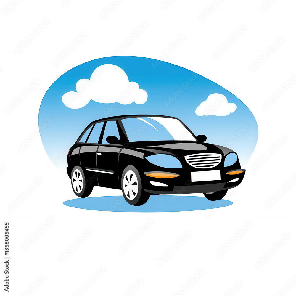 A stylish black car with a sleek design parked beneath a bright blue sky and fluffy clouds. Perfect for automotive-themed projects and illustrations. A stylish black car with a sleek design parked beneath a bright blue sky and fluffy clouds. Perfect for automotive-themed projects and illustrations.