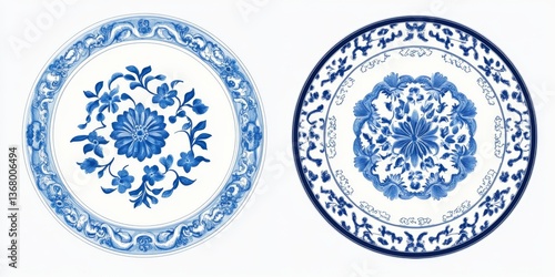Chinese Porcelain Plates with Blue & White Floral Design