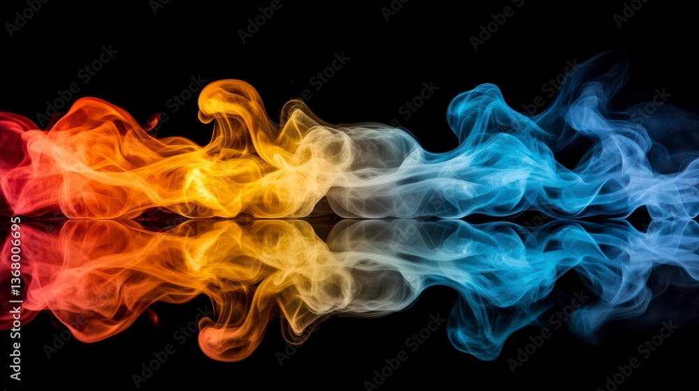 Abstract colorful smoke swirls reflecting on dark surface. Abstract colorful smoke swirls reflecting on dark surface.