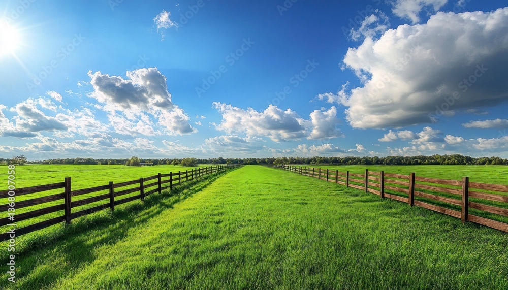 Walking Path in Meadow with Wooden Fence Under Cloudy Blue Sky Walking Path in Meadow with Wooden Fence Under Cloudy Blue Sky