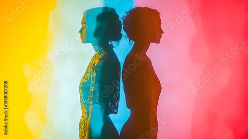Two silhouettes of women on a colorful background, exploring themes of identity and contrast. pride month concept