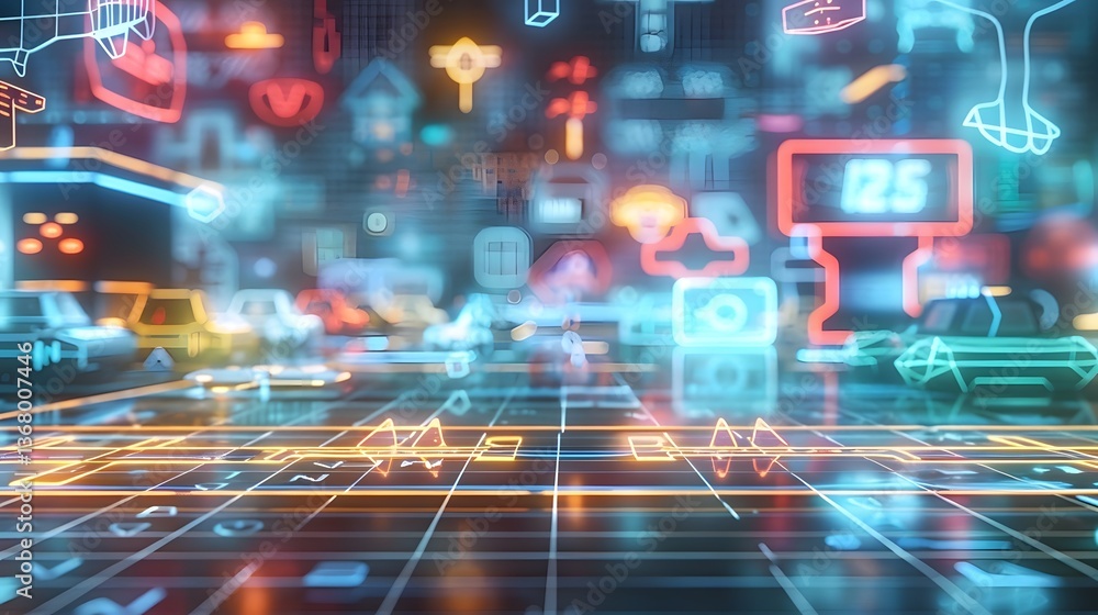 Obraz premium Retro arcade gaming pattern with pixelated characters glowing joysticks and neon grid lines creating a fun and nostalgic futuristic digital artwork