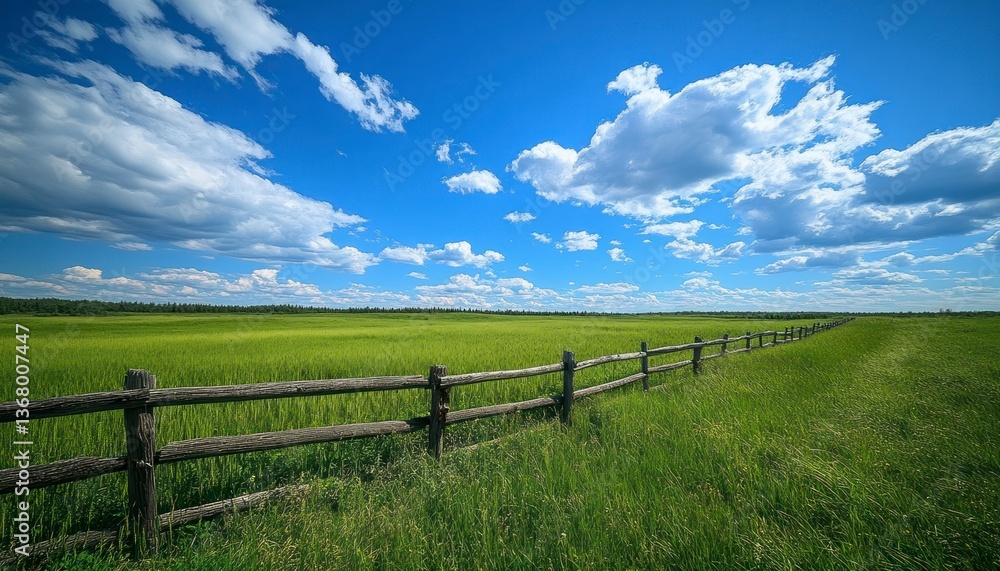 Green Field with Wooden Fence Under a Sunny Blue Sky Landscape Green Field with Wooden Fence Under a Sunny Blue Sky Landscape
