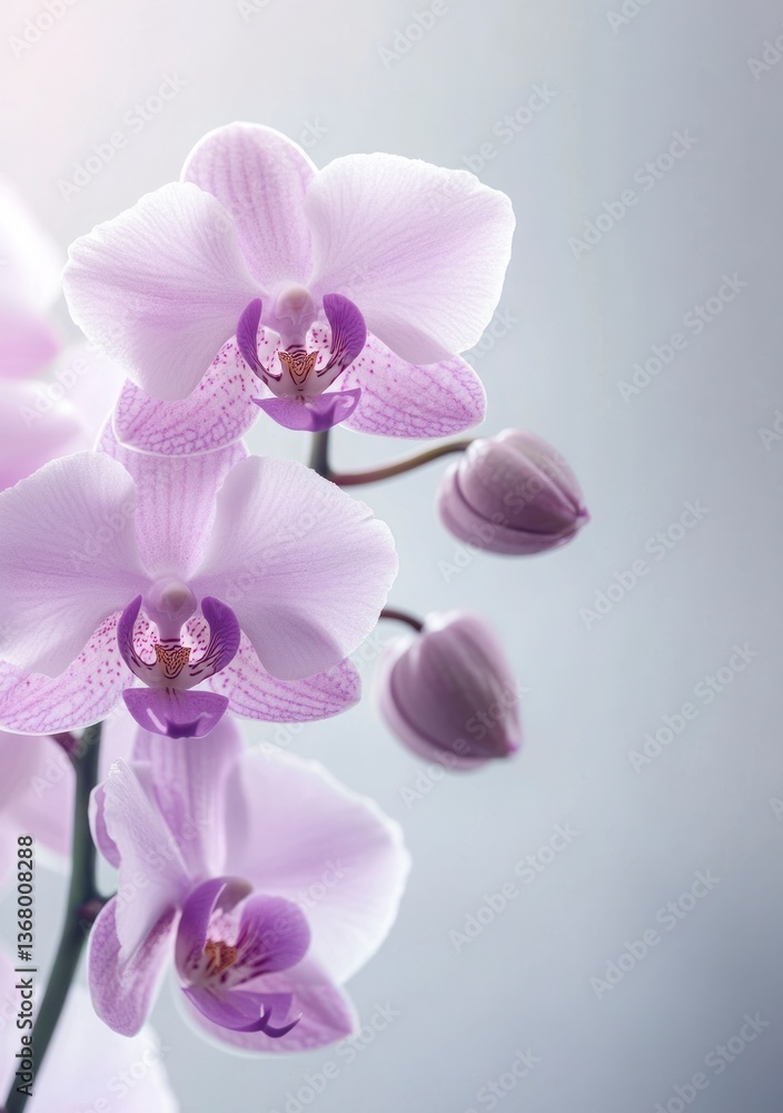 Elegant Pink Orchid Blossoms and Buds on a Light Background Elegant Pink Orchid Blossoms and Buds on a Light Background