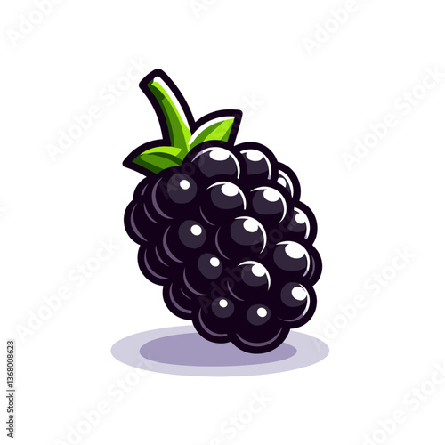 Vector illustration of single juicy blackberry with leaf. Ideal for fruit packaging, smoothie branding and organic food promotional materials.