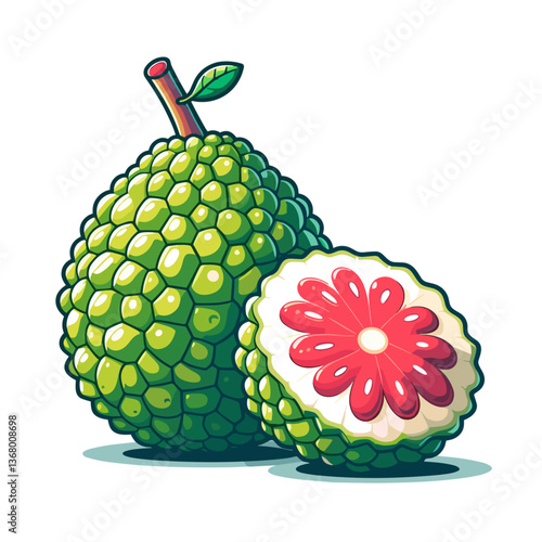 Vector illustration of whole and halved breadfruit showing internal flesh. Perfect for tropical cuisine blogs, exotic fruit guides, and nutrition articles.