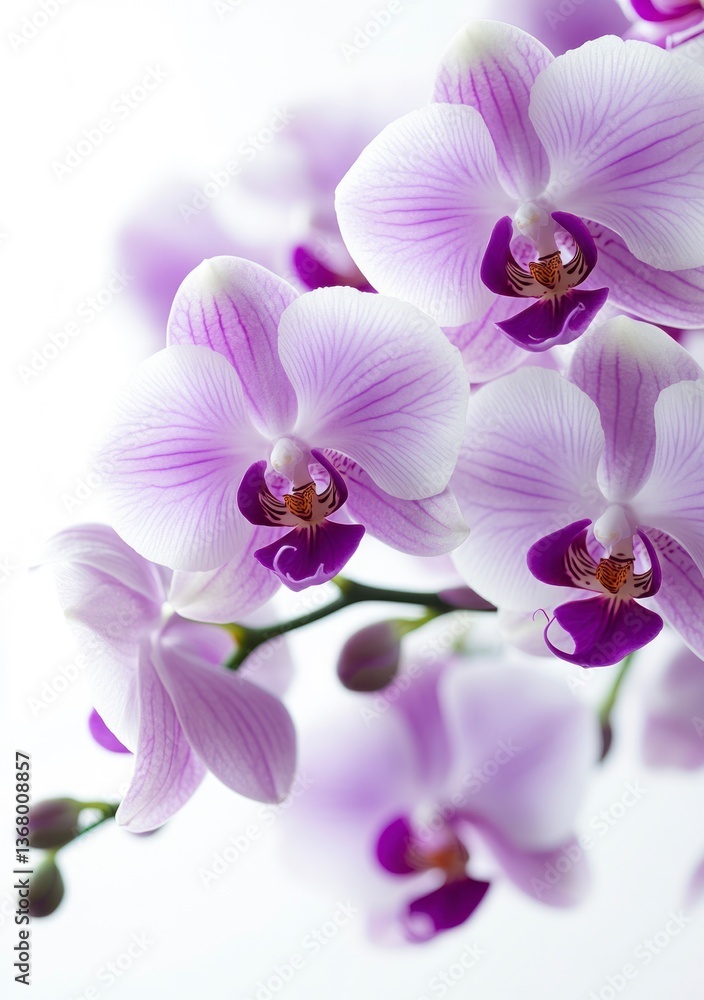 Delicate Orchid Blossoms with Purple Accents on a Bright White Background Delicate Orchid Blossoms with Purple Accents on a Bright White Background