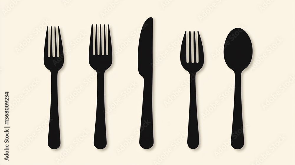 Black cutlery set consisting of forks knife and spoon arranged on a light background in a row Black cutlery set consisting of forks knife and spoon arranged on a light background in a row