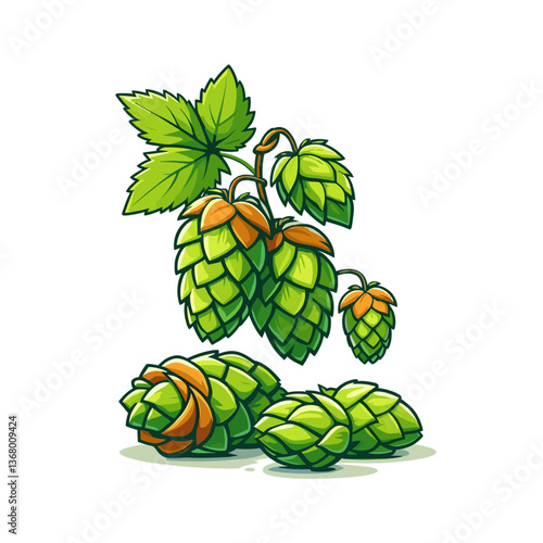 Vector illustration of green hop plant with cones and leaves. Ideal for craft beer branding, brewery marketing, beverage packaging, and natural ingredient promotions.
