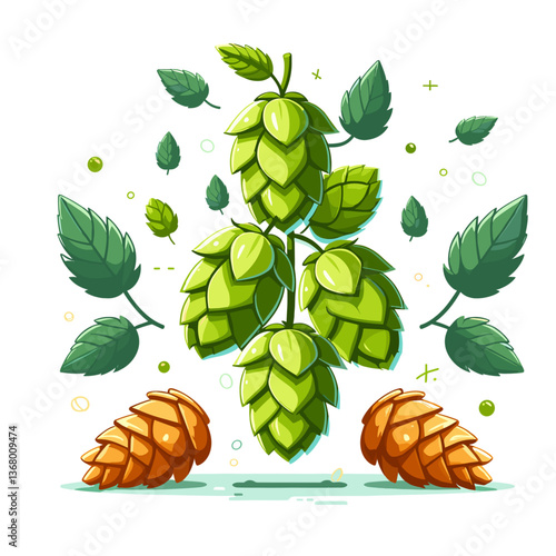 Vector illustration of green hop cones with leaves pattern. Ideal for craft beer packaging, brewery merchandise, beer festival advertising, and artisanal beverage branding.