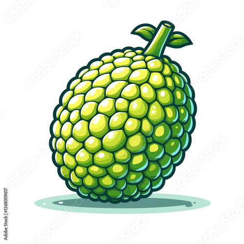 Vector illustration of whole green jackfruit with textured skin. Perfect for tropical fruit products, vegan food marketing, exotic cuisine ingredients, and natural food packaging.