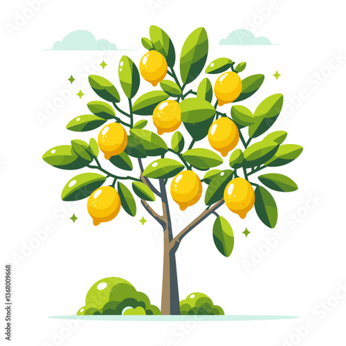 Vector illustration of lemon tree with yellow fruits. Perfect for citrus product packaging, essential oil branding, fruit tree nursery marketing, and Mediterranean food promotions.