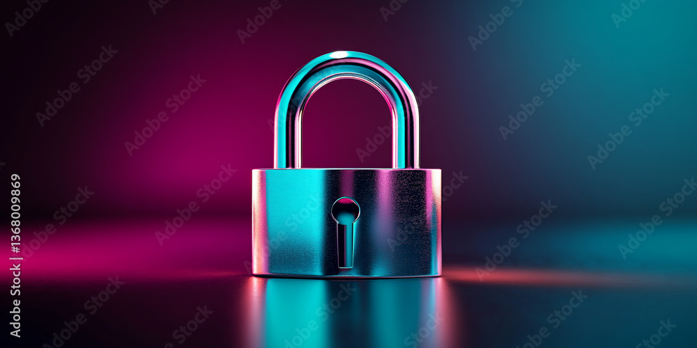 Fototapeta premium Metal padlock on reflective surface, illuminated by pink and teal light, symbolizing security, privacy, and data protection