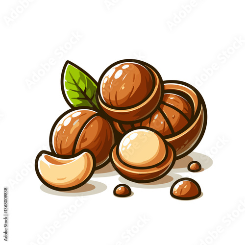Cracked macadamia nuts with shells and whole nuts. Ideal for gourmet food articles, healthy snack promotions, and culinary ingredient illustrations.