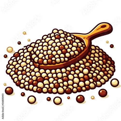 Vector art of quinoa grains with wooden scoop and scattered seeds. Perfect for nutritional packaging, organic food branding and plant-based protein resources.