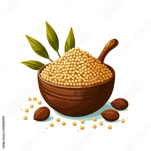 Vector illustration of quinoa in wooden bowl with leaves and scattered nuts. Ideal for health food marketing, vegetarian recipe blogs and superfood guides.