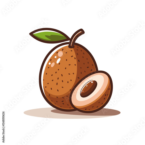 Vector illustration of whole and cut sapodilla fruit with pit. Perfect for tropical fruit guides, exotic food blogs, and nutritional content on rare fruits.