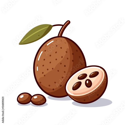 Vector illustration of sliced sapodilla fruit with seeds and whole fruit. Perfect for exotic fruit education, tropical cuisine content, and health food publications.