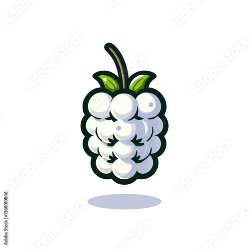 Vector illustration of single white mulberry fruit with green stem. Ideal for superfood content, exotic berry promotion, and natural health food resources.
