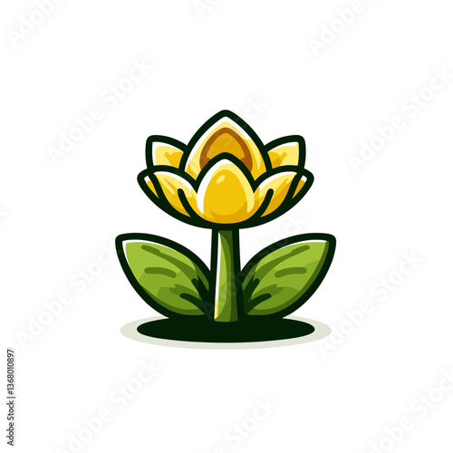 Vector illustration of stylized yellow water lily flower with green leaves. Perfect for botanical art, garden design materials, and water feature planning resources.