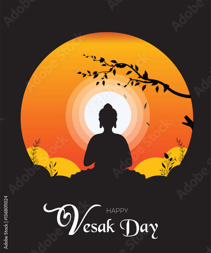 Happy Vesak Day Celebration Vector Illustration Featuring a Temple Silhouette, Lotus Flower, and Buddha s Meditation. Happy Vesak Day Celebration Vector Illustration Featuring a Temple Silhouette, Lot