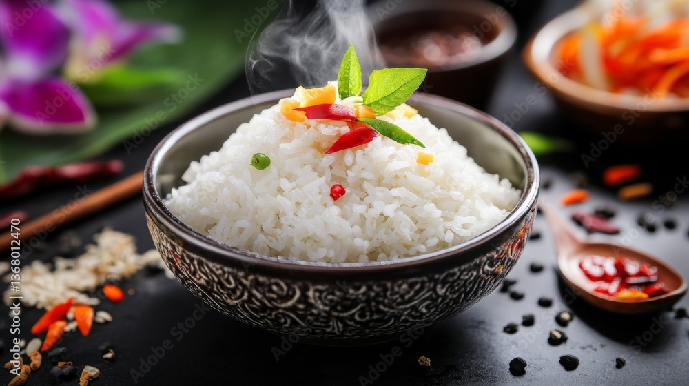 An artistic shot of white rice presented in a polished bowl, with steam gently rising and colorful ingredients surrounding it for a vibrant culinary scene. An artistic shot of white rice presented in a polished bowl, with steam gently rising and colorful ingredients surrounding it for a vibrant culinary scene.