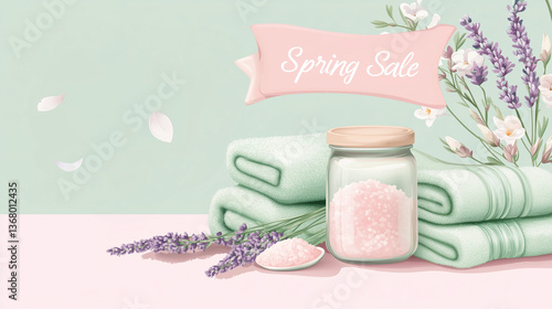Calming spa scene with towels and bath salt promoting Spring Sale
